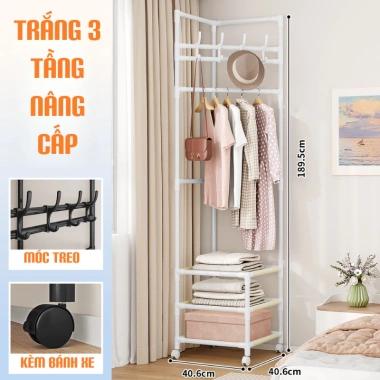 Kệ góc treo quần áo thông minh bánh xe 360° - Giá phơi đa năng, kệ giày thép sơn tĩnh điện, chỉ 109.000₫