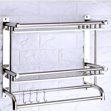 Kệ inox dán tường 2 tầng 40cm - Giá 219.000đ, kèm móc treo, dụng cho nhà tắm