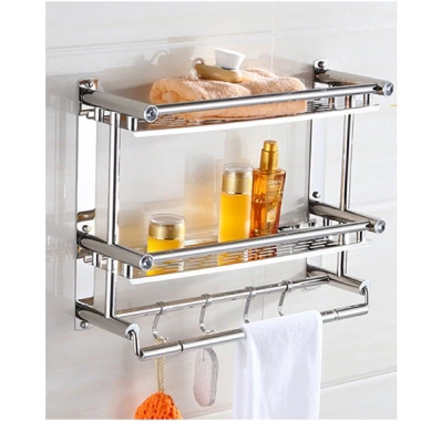 Kệ inox dán tường 2 tầng 40cm - Giá 219.000đ, kèm móc treo, dụng cho nhà tắm