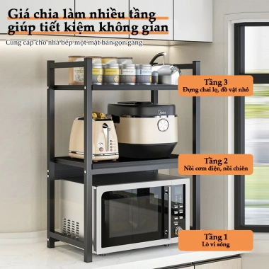 Kệ nhà bếp 2 tầng điều chỉnh, thép chịu nhiệt, phù hợp lò vi sóng và nồi cơm điện