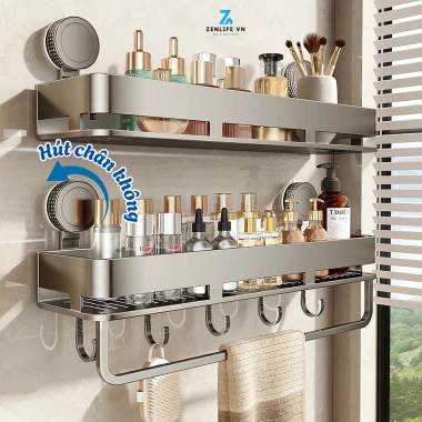 Kệ nhà tắm Zenlife hút chân không, kèm móc treo khăn, giá để dầu gội, sữa tắm, không khoan đục, chống han gỉ, giảm 22%