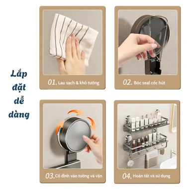 Kệ nhà tắm Zenlife hút chân không, kèm móc treo khăn, giá để dầu gội, sữa tắm, không khoan đục, chống han gỉ, giảm 22%