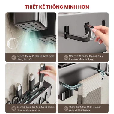 Kệ Treo Đồ Nhà Bếp SANHE Mall - Kệ Cài Dao, Kéo, Đũa, Thìa Đa Năng Dán Tường/Khoan, Tiện Lợi Sang Trọng 4