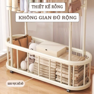 Kệ Treo Quần Áo Kim Loại Chắc Chắn + Giỏ Đựng Đồ, Bánh Xe Di Động - Tiện Lợi 265k