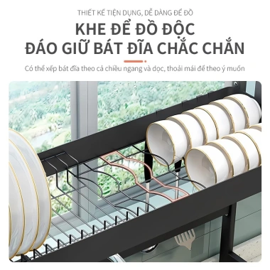 Kệ úp bát đĩa 2 tầng bồn rửa, thép cacbon chống rỉ, nắp đậy, thoát nước - 175k