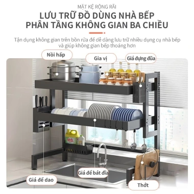 Kệ úp bát đĩa 2 tầng bồn rửa, thép cacbon chống rỉ, nắp đậy, thoát nước - 175k