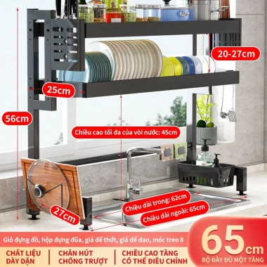 Kệ úp bát đĩa 2 tầng bồn rửa, thép cacbon chống rỉ, nắp đậy, thoát nước - 175k