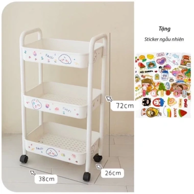 Kệ xe đẩy đa năng 3-4 tầng có bánh xe, sticker cute, dùng làm kệ ăn vặt, spa, bỉm sữa - Giá chỉ 89.000₫