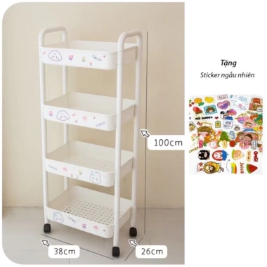 Kệ xe đẩy đa năng 3-4 tầng có bánh xe, sticker cute, dùng làm kệ ăn vặt, spa, bỉm sữa - Giá chỉ 89.000₫