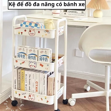 Kệ xe đẩy đa năng 3-4 tầng có bánh xe, sticker cute, dùng làm kệ ăn vặt, spa, bỉm sữa - Giá chỉ 89.000₫