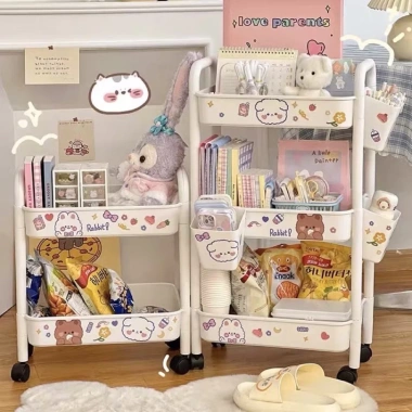 Kệ xe đẩy đa năng 3-4 tầng có bánh xe, sticker cute, dùng làm kệ ăn vặt, spa, bỉm sữa - Giá chỉ 89.000₫