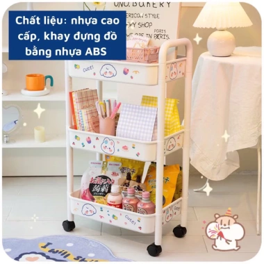 Kệ xe đẩy đa năng 3-4 tầng có bánh xe, sticker cute, dùng làm kệ ăn vặt, spa, bỉm sữa - Giá chỉ 89.000₫