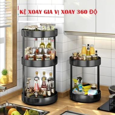 Kệ Xoay Gia Vị Nhà Bếp 360° Nhiều Tầng Thép Carbon Đen Sần Không Gỉ – Giá 125k