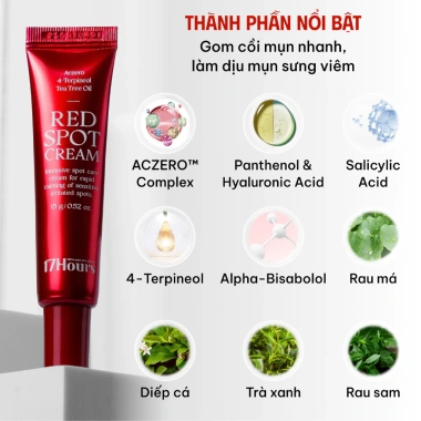 Kem 17Hours Red Spot Cream 15g - Aczero, 4‑Terpinoel, Tea Tree Oil, làm dịu da, da mịn, 368.500₫ 4 Kem 17Hours Red Spot Cream 15g - Aczero, 4‑Terpinoel, Tea Tree Oil, làm dịu da, da mịn, 368.500₫ 4