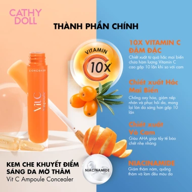 Kem Che Khuyết Điểm Cathy Doll 4.1g Sáng Da, Mờ Thâm, Không Tạo Rãnh Nhăn, Vit C Ampoule - Giá 89.000₫