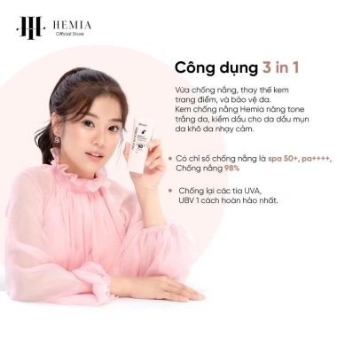 Kem chống nắng Hemia 50ml - Nâng tone da, kiềm dầu, bảo vệ SPF50, chỉ 69.000 VND