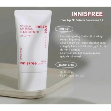Kem chống nắng innisfree Tone Up No Sebum SPF 50+ PA++++ 60ml - Kiềm dầu, sáng da, 193k