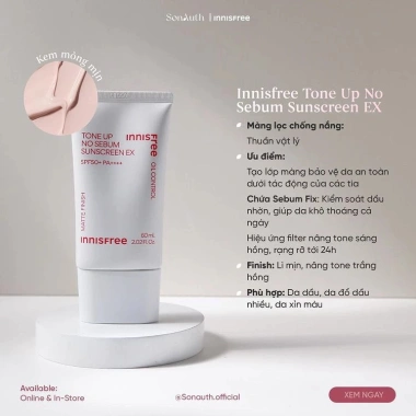 Kem Chống Nắng Innisfree Tone Up No Sebum SPF50 PA++++ 50ml Nâng Tone Kiềm Dầu Giá 212k 3