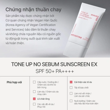 Kem chống nắng nâng tông kiềm dầu innisfree No Sebum SPF 50+ PA++++ 60ml - 298.000₫