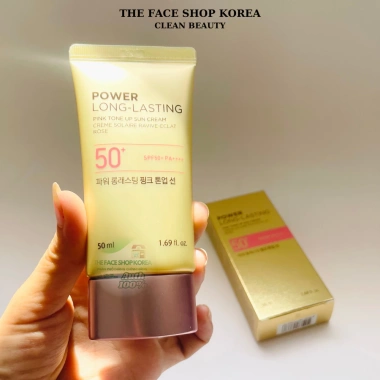 Kem chống nắng The Face Shop Power Long Lasting Pink Tone Up SPF50+ 50ml: Tone trắng hồng, kéo dài 12h, giá 430.000₫ 10
