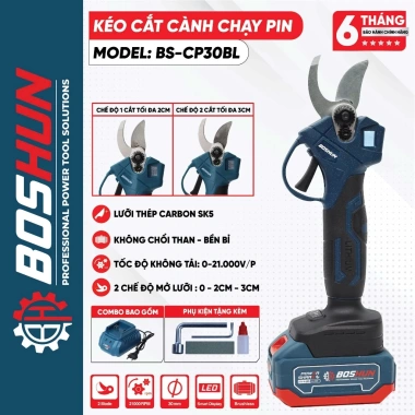 Kéo cắt cành pin BOSHUN BS-CP30BL – Lưỡi thép cacbon không rỉ, 2 chế độ mở, 495.000 VND