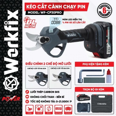 Kéo cắt cành pin WORKFIX WF-CP30BL - Màn hình LED báo % Pin, công tắc bóp, cắt tỉa cây, ưu đãi 724k