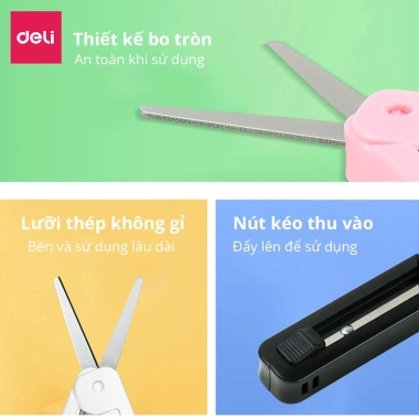 Kéo mini đa năng bỏ túi Deli thu gọn, an toàn, màu pastel, lưỡi cacbon không gỉ 4 Kéo mini đa năng bỏ túi Deli thu gọn, an toàn, màu pastel, lưỡi cacbon không gỉ 4