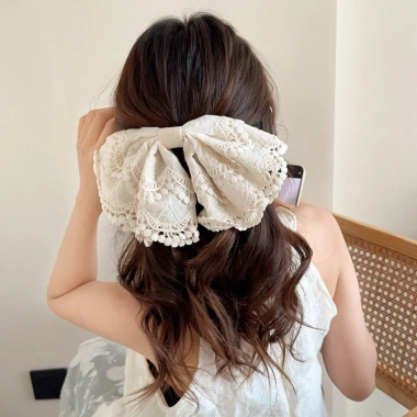 Kẹp Nơ Ren Tiểu Thư Size Đại 24cm Màu Kem - Kẹp Bấm Nửa Tóc Giá 100k 6
