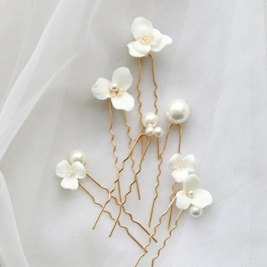 Kẹp tóc handmade 6 chiếc chữ U ngọc trai và hoa gốm - Phù hợp tiệc cưới lễ hội, giá ưu đãi 138.780 VND