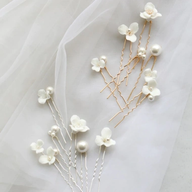 Kẹp tóc handmade 6 chiếc chữ U ngọc trai và hoa gốm - Phù hợp tiệc cưới lễ hội, giá ưu đãi 138.780 VND