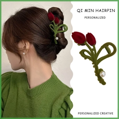 Kẹp Tóc Hoa Tulip và Cá Mập Nhung Siêu Lớn Phong Cách Hàn Quốc Dành Cho Nữ