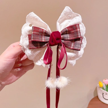 Kẹp tóc nơ lớn ren ngọc trai đỏ năm mới cho bé ruy băng tua rua mặt sau siêu cổ tích 3 Kẹp tóc nơ lớn ren ngọc trai đỏ năm mới cho bé ruy băng tua rua mặt sau siêu cổ tích 3