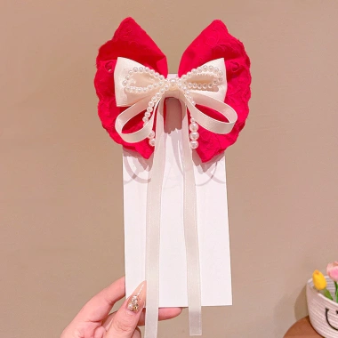 Kẹp tóc nơ lớn ren ngọc trai đỏ năm mới cho bé ruy băng tua rua mặt sau siêu cổ tích 5 Kẹp tóc nơ lớn ren ngọc trai đỏ năm mới cho bé ruy băng tua rua mặt sau siêu cổ tích 5