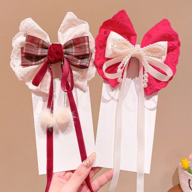 Kẹp tóc nơ lớn ren ngọc trai đỏ năm mới cho bé ruy băng tua rua mặt sau siêu cổ tích