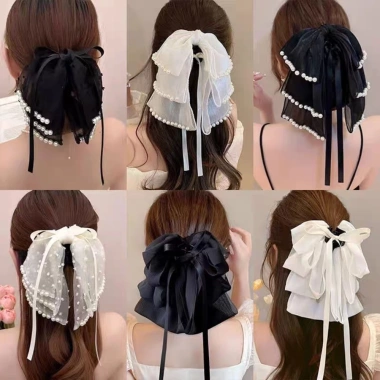 Kẹp tóc nữ nơ ngọc trai và ruy băng thiết kế nửa đuôi ngựa - Giá 49.133 VND
