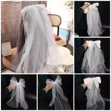 Khăn Che Mặt Cô Dâu SEIZ6O Vải Tuyền Trắng Nhiều Lớp Ren, Nơ Ngọc Trai Ngắn Veil