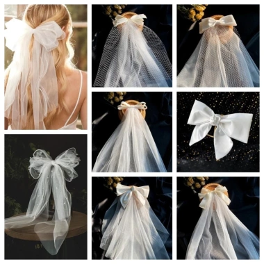 Khăn Che Mặt Cô Dâu SEIZ6O Vải Tuyền Trắng Nhiều Lớp Ren, Nơ Ngọc Trai Ngắn Veil 3