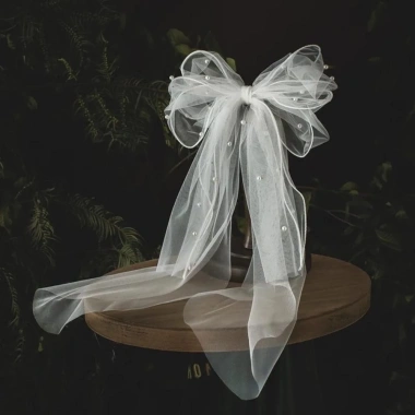 Khăn Che Mặt Cô Dâu SEIZ6O Vải Tuyền Trắng Nhiều Lớp Ren, Nơ Ngọc Trai Ngắn Veil 7