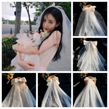 Khăn Che Mặt Cô Dâu SEIZ6O Vải Tuyền Trắng Nhiều Lớp Ren, Nơ Ngọc Trai Ngắn Veil 8