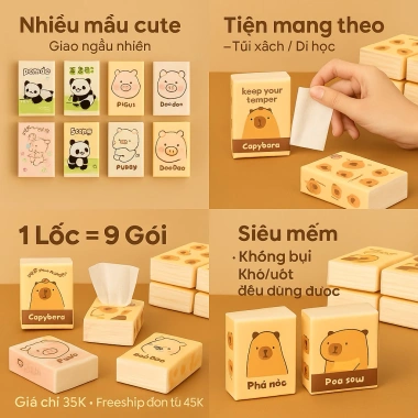 Khăn Giấy Bỏ Túi Cute Mini 1 Lốc 9 Gói - Giấy Khô Mềm Không Bụi Thấm Tốt, Capybara Gấu Heo Thỏ, 9.500 VND