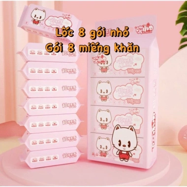 Khăn giấy ướt mini bỏ túi tiện lợi 64 khăn 8 gói - Không gây kích ứng da, độ ẩm cân bằng, chỉ 12.000₫