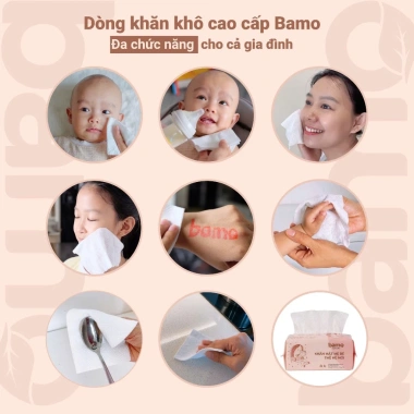 Khăn lau mặt khô Bamo cho mẹ & bé - Sợi thiên nhiên mềm mại, thấm hút tốt, 60 tờ, 50.000đ