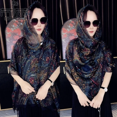 Khăn lụa nữ mỏng đôi có mũ trùm đầu đa năng, chống gió, chống cát, siêu nhẹ