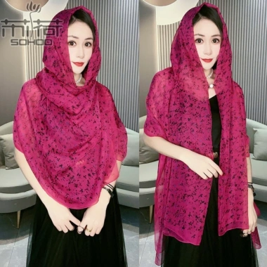 Khăn lụa nữ mỏng đôi có mũ trùm đầu đa năng, chống gió, chống cát, siêu nhẹ