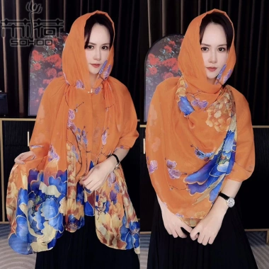 Khăn lụa nữ mỏng đôi có mũ trùm đầu đa năng, chống gió, chống cát, siêu nhẹ
