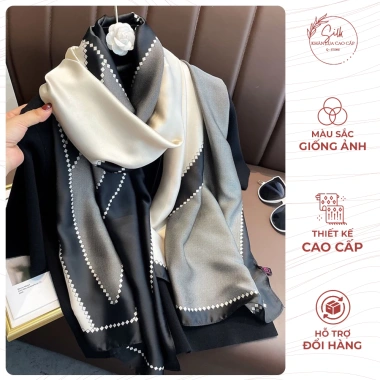 Khăn Quàng Cổ Lụa Dài Bản To 180x90 Trắng Đen Lụa Mềm, Không Mỏng, Màu Sắc Thật