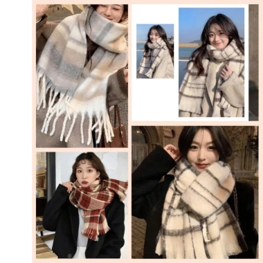 Khăn quàng cổ nữ vintage Hàn Quốc mùa đông ấm áp, họa tiết caro đa màu thời thượng Khăn quàng cổ nữ vintage Hàn Quốc mùa đông ấm áp, họa tiết caro đa màu thời thượng