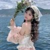 Khăn tam giác buộc đầu thôn nữ đồng quê kiểu Pháp trắng viền ren hoa - Thời trang chụp ảnh biển giá 25.000 VND 4