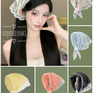 Khăn tam giác buộc đầu thôn nữ đồng quê kiểu Pháp trắng viền ren hoa - Thời trang chụp ảnh biển giá 25.000 VND