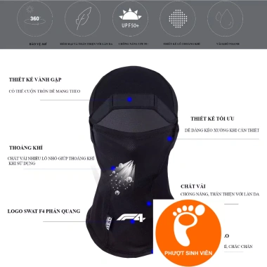 Khăn trùm đầu ninja F4 - vành gập, chống nắng, logo phản quang, thích hợp câu cá, phượt, du lịch